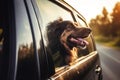 Happy dog sticking head out of the car window while on a trip. Generative AI Royalty Free Stock Photo