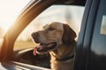 Happy dog sticking head out of the car window while on a trip. Generative AI Royalty Free Stock Photo