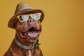 Happy dog studio shot, wearing glasses and hat, solid color background Royalty Free Stock Photo