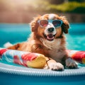 Happy dog in sunglasses resting on inflatable mattress in a swimming pool by the sea or river in summer holiday vacation. Dog Royalty Free Stock Photo