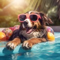 Happy dog in sunglasses resting on inflatable mattress in a swimming pool by the sea or river in summer holiday vacation, rubber Royalty Free Stock Photo