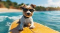 Happy dog in sunglasses surfing on surfboard, enjoying summer vacations Royalty Free Stock Photo