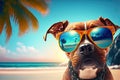 Happy dog with sunglasses on tropical sandy beach with palm trees. Summer holiday vacation on island resort Royalty Free Stock Photo
