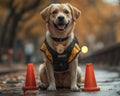 Alert Golden Retriever Dog in Safety Vest with Traffic Cones Royalty Free Stock Photo