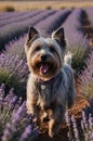 Yorkshire Terrier Dog Posing Happily in a Serene Lavender Field Landscape Royalty Free Stock Photo