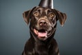 Happy Dog Wearing Colorful Party Hat with Copy Space for Celebratory Greetings. Birthday party
