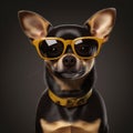 happy dog yellow background glasses pet portrait chihuahua puppy animal cute. Generative AI.