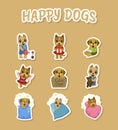 Happy Dogs Cute Stickers Set, Cute Pets Animals Characters of Different Breeds in Everyday Activities Vector Royalty Free Stock Photo