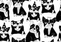 Happy dogs group French bulldog black seamless pattern.