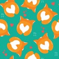 Colorful seamless pattern with dogs, hearts. Decorative cute background with animals. Romantic corgi