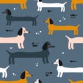 Happy dogs, seamless pattern. Decorative cute wallpaper with dachshunds