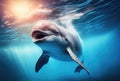 Happy dolphin swimming in the aquarium or sea background. Marine life and animal concept. Digital art illustration. Generative AI Royalty Free Stock Photo