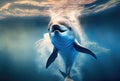 Happy dolphin swimming in the aquarium or sea background. Marine life and animal concept. Digital art illustration. Generative AI Royalty Free Stock Photo