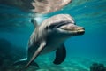 Happy dolphin swimming in bright clear turquese water. Generative AI