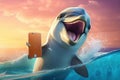 Happy dolphin wild animal making a selfie with a smartphone illustration generative ai