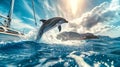 a happy dolphins jump out of the water showing themself