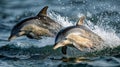 a pair of happy dolphins jump out of the water showing themself