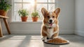 Happy domestic corgi puppy eating dog food from a white plate. Kitchen in Scandinavian style. Pet health and Royalty Free Stock Photo