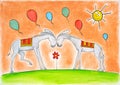 Happy donkeys with balloons, childs drawing, water