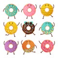 Happy donut characters. Cartoon sweet round desserts. Smiling food mascots waving hands. Baked products set decorated