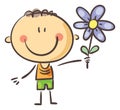 Happy doodle boy with flower. Cartoon kid clipart