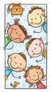 Happy doodle cartoon kids, vertical rectangular vector illustration