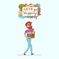 Happy doodle Consumer with a full shopping bags in shop. Shopper. Sales. Funny cartoon character. Vector illustration. Isolated on