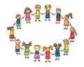 Happy doodle stick children holding hands. Hand drawn funny kids in circle. Children friendship concept. Doodle children Royalty Free Stock Photo