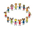 Happy doodle stick children holding hands. Hand drawn funny kids in circle. International friendship concept. Doodle Royalty Free Stock Photo