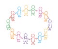 Happy doodle stick children holding hands. Hand drawn funny kids in circle. International friendship concept. Doodle Royalty Free Stock Photo