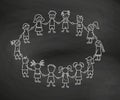 Happy doodle stick children holding hands. Hand drawn funny kids in circle. International friendship concept. Doodle