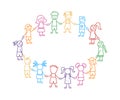 Happy doodle stick children holding hands. Hand drawn funny kids in circle. International friendship concept. Doodle Royalty Free Stock Photo