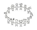 Happy doodle stick children holding hands. Hand drawn funny kids in circle. International friendship concept. Doodle Royalty Free Stock Photo