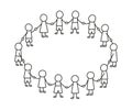 Happy doodle stick children holding hands. Hand drawn funny kids in circle. International friendship concept. Doodle Royalty Free Stock Photo