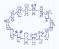 Happy doodle stick children holding hands. Hand drawn funny kids in circle. International friendship concept. Doodle Royalty Free Stock Photo