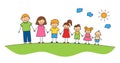 Happy doodle stick mans family in summer park. Hand drawn family members. Mother, father and kids holding hands. Vector Royalty Free Stock Photo