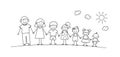 Happy doodle stick mans family in summer park. Hand drawn family members. Mother, father and kids holding hands. Vector Royalty Free Stock Photo