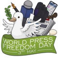 Happy Dove with Journalist Elements Celebrating World Press Freedom Day, Vector Illustration