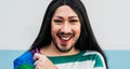 Happy drag queen activist having fun during gay pride parade Royalty Free Stock Photo