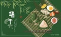 Happy Dragon Boat Festival background template traditional food rice dumpling bamboo leaf realgar wine and filling stuffing.