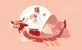 Happy Dragon Boat Festival background template traditional food rice dumpling dragon boat drum and sun. Chinese translation : Royalty Free Stock Photo