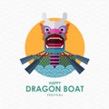 Happy dragon boat festival with dragon boat front on water in circle vector design