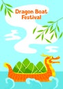 Happy Dragon Boat Festival greeting card. Chinese Duanwu holiday. Traditional food zongzi rice in bamboo leaves.