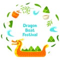 Happy Dragon Boat Festival greeting card. Chinese Duanwu holiday. Traditional food zongzi rice in bamboo leaves.