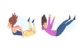 Happy dreaming teenage girls floating in sky enjoying freedom set cartoon vector illustration