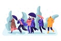 Happy Drenched Passerby People Wearing Boots and Cloaks with Umbrellas Walking Against Wind and Rain , Cold Water Pour From Sky