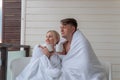 Happy drink couple girl blanket guy cute married young family, for adult man for romance and leisure husband, beautiful