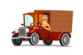 Happy driver rides on retro truck. Delivery, farming, concept. Cartoon vector illustration Royalty Free Stock Photo