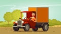 Happy driver rides in retro truck. Delivery, farming concept. Cartoon vector illustration