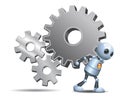 Happy droid little robot carry gears on isolated white Royalty Free Stock Photo